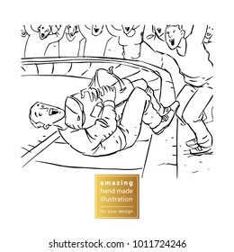 Hand drawn black and white illustration. Man with baggage lies onto conveyor belt at airport. Background for brochure or magazine