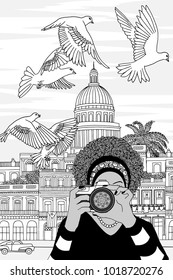 Hand drawn black and white illustration of a young woman taking photos in Havana, Cuba