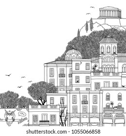 Hand drawn black and white illustration of Athens, Greece with empty space for text