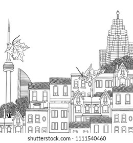 Hand drawn black and white illustration of Toronto, Canada, with empty space for text