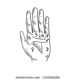 Hand drawn black and white illustration with hand of chiromancy and ezoteric symbols