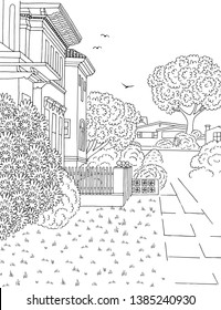 Hand Drawn Black And White Illustration Of A Middle Class Suburban Neighbourhood With Houses, Yard, Pavement And Trees