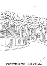 Hand drawn black and white illustration of a suburban neighbourhood with houses, yard, pavement and trees