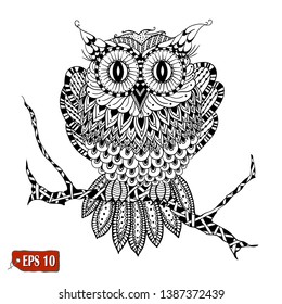 Hand drawn black white illustration owl fly bird. Art coloring book. Sketch of owl sitting on a branch with floral ornament. Boho. Elements for greeting card and postcard, henna and tattoo design.