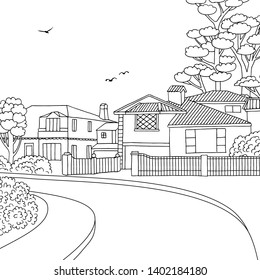 Hand drawn black and white illustration of a suburban neighbourhood with houses, yard, pavement and trees