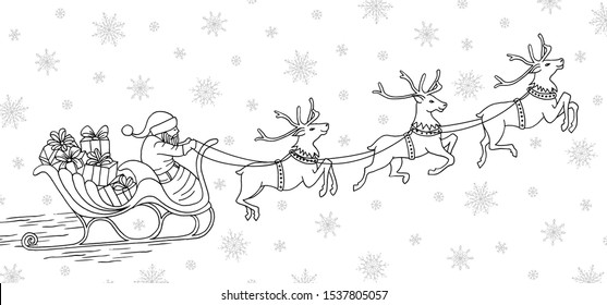 Hand drawn black and white illustration of Santa Claus riding his reindeer sleigh