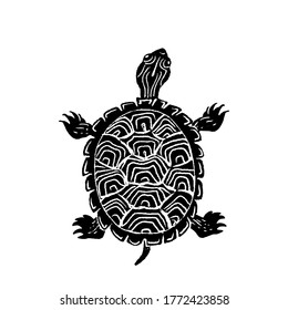 Hand drawn black and white illustration of Painted turtle, Chrysemys picta in linocut style.