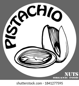 Ilustración en blanco y negro con mano de pistacho y media pistola en concha. Logo de dos nueces. Técnica gráfica manuscrita. Productos sanitarios. Tienda de nueces.