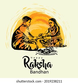 Hand Drawn Black And White Illustration Of Indian Brother And Sister Festival. Happy Raksha Raksha Bandhan Or Rakhi