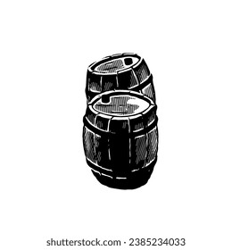 Hand drawn black and white illustration of wine barrels filled with wine, in engraving style.