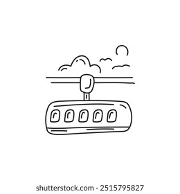 Hand drawn black and white illustration of a cable car or gondola in the sky with clouds and a sun. Transportation and travel concept.