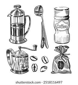 Handgezeichnete schwarz-weiße Illustration von Kaffee. Skizze von Vektorgetränken und Kaffeezweigen. Vektor eps 10