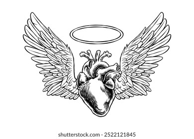 hand drawn black and white illustration of winged heart	