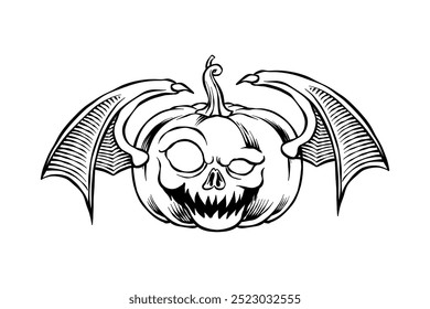 hand drawn black and white illustration of winged pumpkin