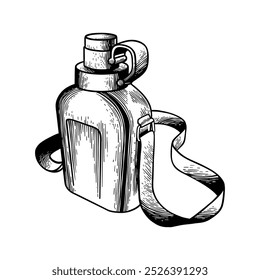 hand drawn black and white illustration of a camping drink bottle