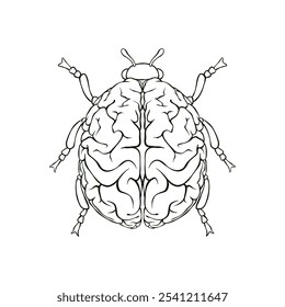 ilustração em preto e branco desenhada à mão de joaninha e cérebro