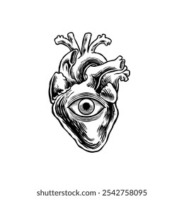 hand drawn black and white illustration of eyes and heart