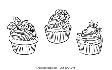 Hand drawn black and white illustration of three cupcakes, each uniquely decorated with fruits, flowers, and creamy swirls. Vector drawing isolated on white background for coloring pages