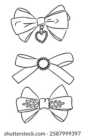 Hand drawn black and white illustration of three decorative bows with intricate details for a coloring page