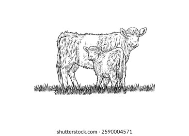 hand drawn black and white illustration of Belted Galloway cattle