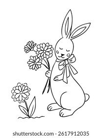 Hand drawn black and white illustration of a bunny with a bow holding flowers and standing near a bloom. This image represents the concept of spring, cuteness and joyful seasonal celebration