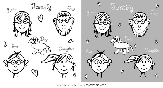 Hand drawn black and white illustration of happy Family portrait with mom, dad, son, daughter and dog. Cute doodle style for Happy Family Day, for kids education, posters and educational materials.