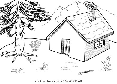 Hand drawn black and white illustration of a house in the wild. Family house in the wilderness. Coniferous tree near the house, high mountains in the background and wild nature around the house. 