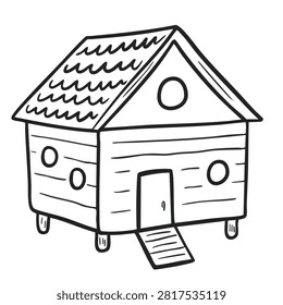 A hand drawn black and white illustration of a small rustic wooden cottage on stilts with a roof and a door