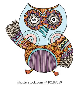 Hand drawn black white illustration owl fly bird. Art Coloring book owl Vector
