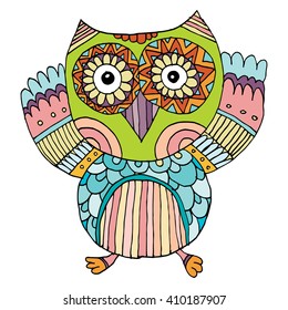 Hand drawn black white illustration owl fly bird. Art Coloring book owl Vector