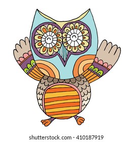 Hand drawn black white illustration owl fly bird. Art Coloring book owl Vector