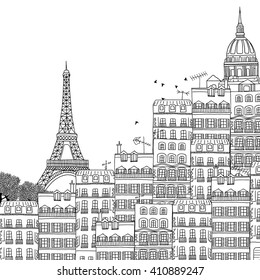 Hand drawn black and white illustration of Paris