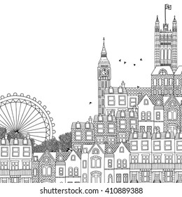 Hand drawn black and white illustration of London