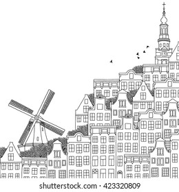 Hand drawn black and white illustration of a Dutch city