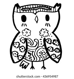 Hand drawn black white illustration owl fly bird. Art Coloring book owl . Cute sitting Owl black and white sketch. Wallpaper owl. Illustration owl