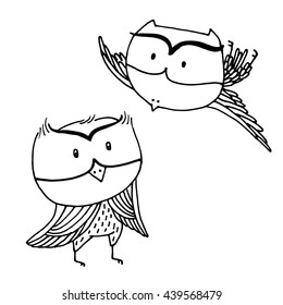 hand drawn black white illustration owl, Art colouring book, hand drawn, illustration bird, T-shirt Graphics, cute cartoon characters 