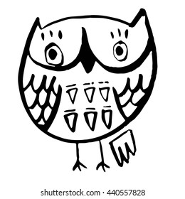 Hand drawn black white illustration owl fly bird. Art Coloring book owl . Cute sitting Owl black and white sketch with floral ornament .