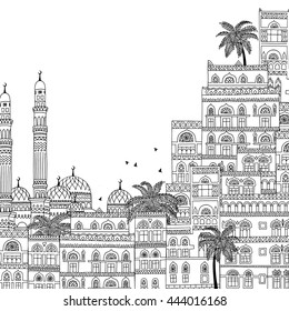 Hand drawn black and white illustration of Sana'a in Yemen, beautiful arabesque houses and mosque