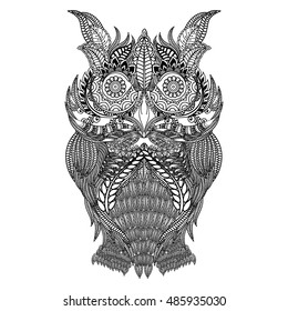 Hand drawn black white illustration owl fly bird. Art Coloring book page. Cute black and white sketch with floral ornament. Boho, tribal owl.