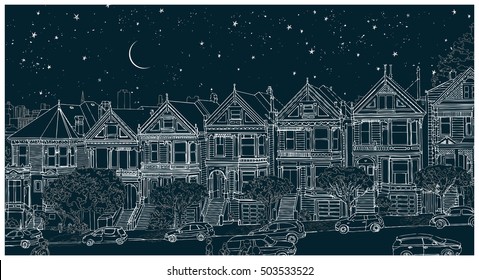 Hand drawn black and white illustration of the city of San Francisco at night. Architectural ensemble of similar Victorian houses - Painted Ladies. Beatiful starry sky with the moon. Travel postcard.