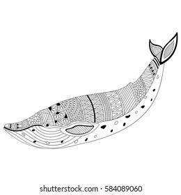 Hand drawn black and white illustration of Fish with ethnic floral ornaments in doodle style for anti stress coloring page, tattoo and decoration.