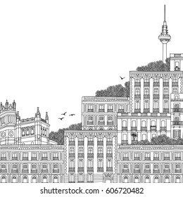 Hand drawn black and white illustration of Madrid, Spain, with TV Tower in the background and part of the Palace at Plaza de Cibeles, with empty space for text