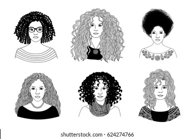 Hand drawn black and white illustration of six young women with different types of curly hair