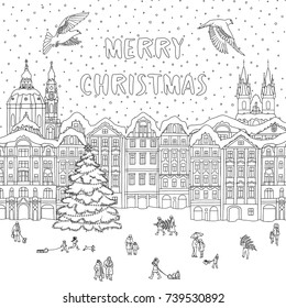 Hand drawn black and white illustration of a city in winter at Christmas time, line art for coloring book pages, greeting card template