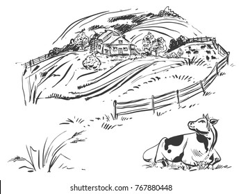 Hand drawn black and white illustration of farm and field and cow. sketch. Vector eps 8.