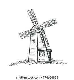 Hand drawn black and white illustration of old mill. sketch. Vector eps 8.