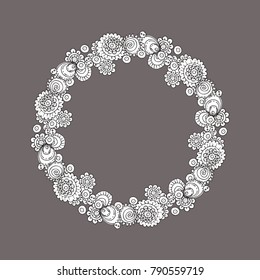 Hand drawn black and white illustration wreath of doodle pattern. sketch. Vector eps 8.