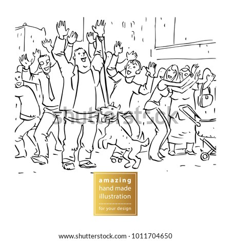Hand drawn black and white illustration. Happy people cheering in the streets of city