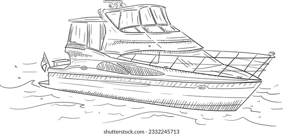 Hand drawn black and white image of a yacht.