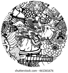 Hand Drawn Black and White India Collage in the Circle